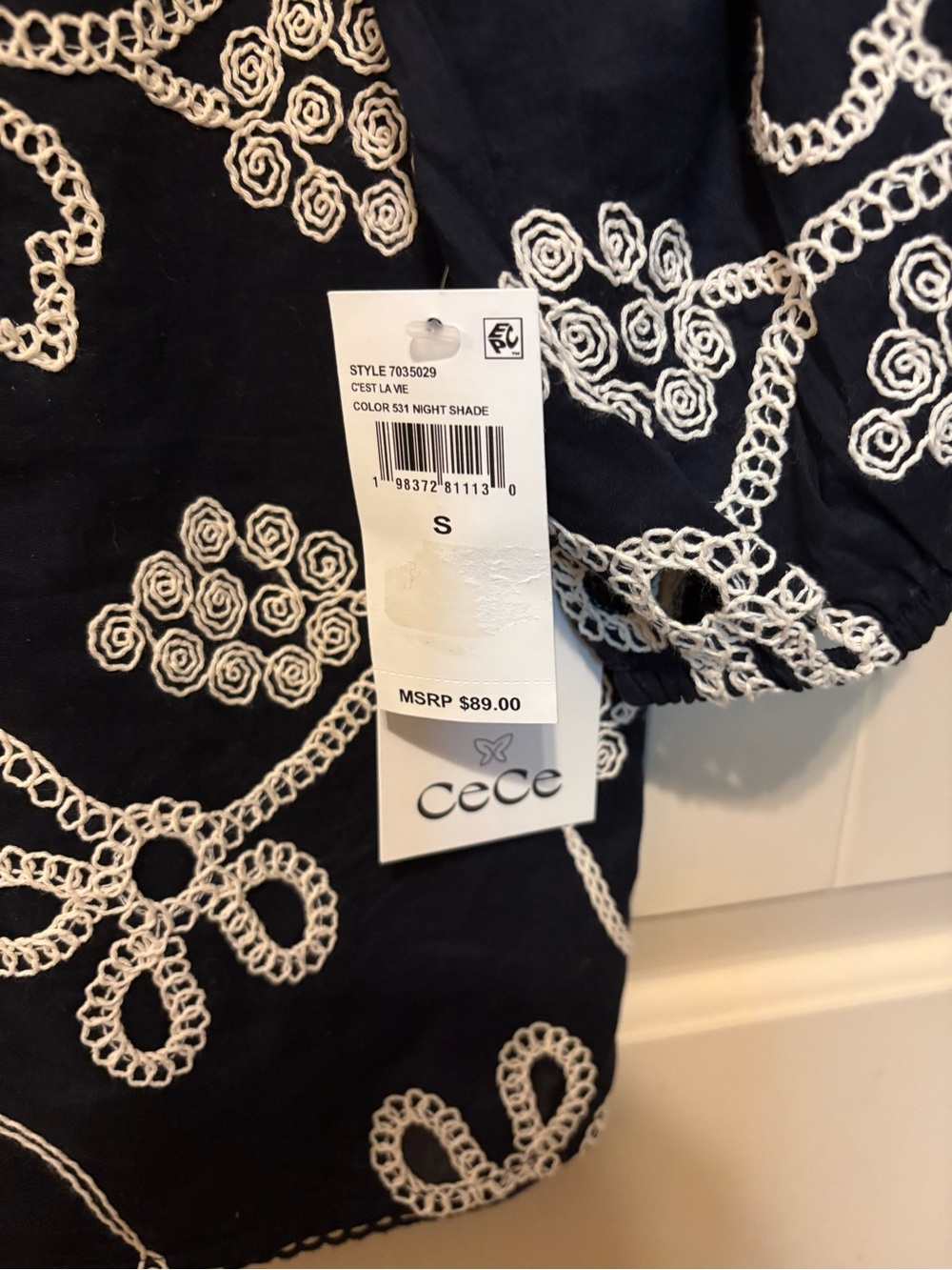 CeCe Navy Blouse with Cream Lace Embroidery - Picture 3 of 5